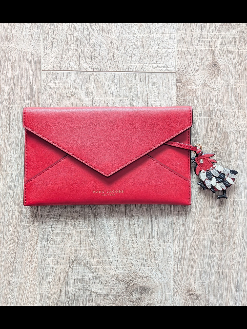 Marc Jacobs Envelope Leather Clutch Purse w/ Rooster Charm Red NWT